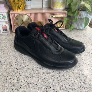 Vintage PRADA Americas Cup Black Leather Sneakers Rare Size 10.5